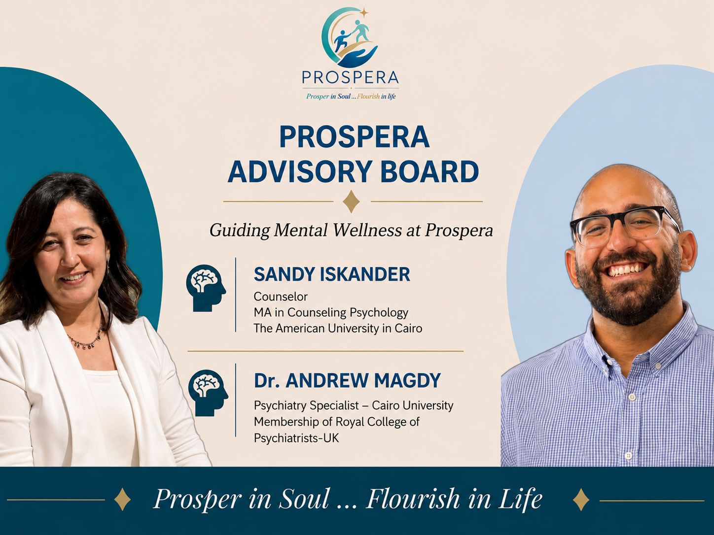 Prospera Advisory Board — guiding mental wellness at Prospera. Sandy Iskander, Counselor, MA in Counseling Psychology, The American University in Cairo. Dr. Andrew Magdy, Psychiatry Specialist, Cairo University, Membership of the Royal College of Psychiatrists UK.